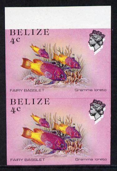Belize 1984-88 Fairy Basslet 4c def in unmounted mint imperf pair showing superb 2mm shift of black (as SG 769) very fine double variety, stamps on fish, stamps on marine-life