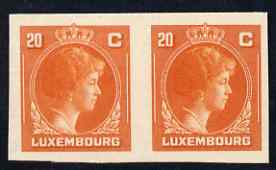 Luxembourg 1944 Grand Duchess Charlotte (SG type 70) IMPERF proof pair of 20c in orange-red on thick card (ex ABN Co archives - only one sheet known), stamps on 