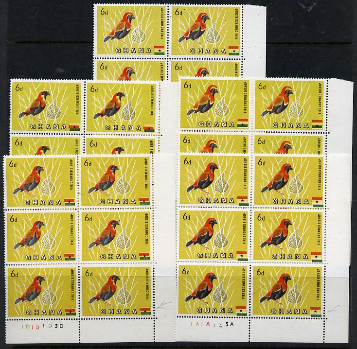 Ghana 1959-61 Red Crowned Bishop Bird 6d - four plate blocks of 6 each with different minor colour shifts affecting the bird and the flag, with matched normal block (24 v..., stamps on birds, stamps on flags