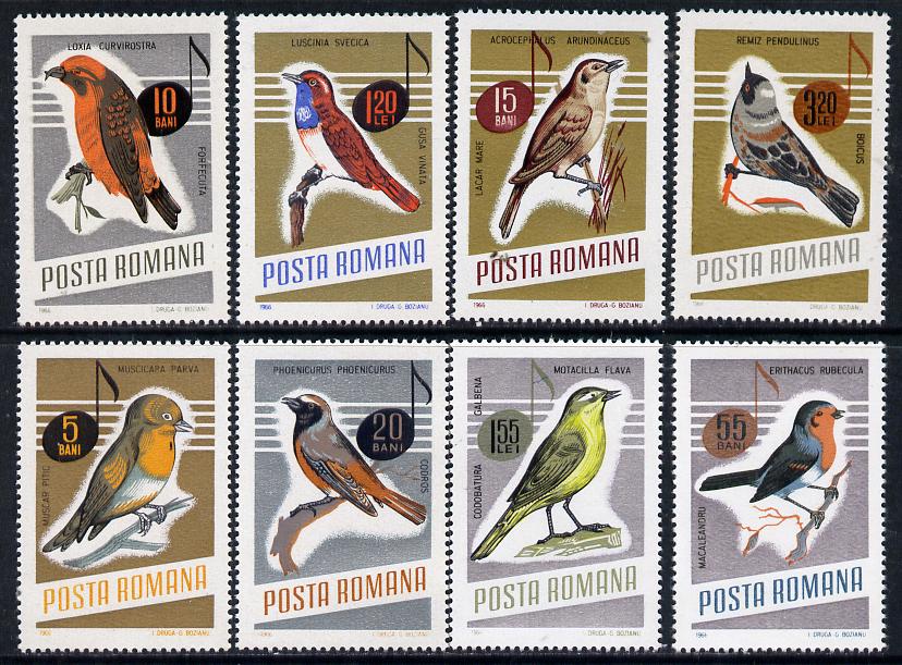 Rumania 1966 Songbirds set of 8 unmounted mint, SG 3369-76, Mi 2500-2507*, stamps on birds, stamps on music, stamps on flycatcher, stamps on  tit , stamps on crossbill, stamps on warbler, stamps on redstart, stamps on robin, stamps on bluethroat, stamps on wagtail   