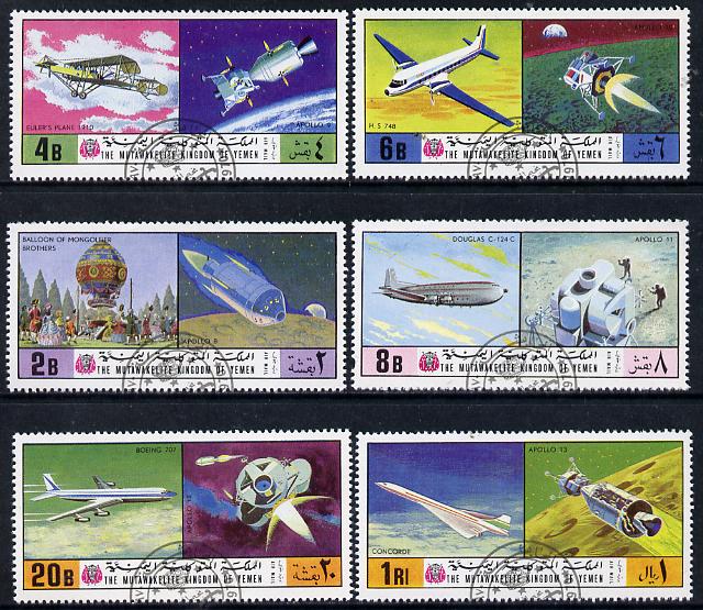 Yemen - Royalist 1970? History of Flight cto set of 6, stamps on aviation      space      balloons    concorde
