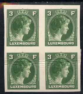 Luxembourg 1944 Grand Duchess Charlotte (SG type 70) IMPERF proof block of 4 of 3F in green on thick card (ex ABN Co archives) horiz crease but only one sheet known , stamps on 