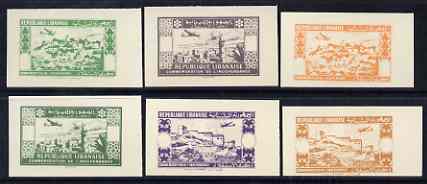 Lebanon 1944 2nd Anniversary of Independence \D4Air\D5 set of 6 UNDENOMINATED colour trial Proofs in near issued colours on card (SG 269-74) , stamps on 