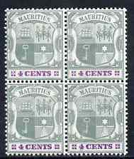 Mauritius 1895-99 Arms 4c fine mounted mint block of 4 one stamp with white flaw on N SG 130var, stamps on 