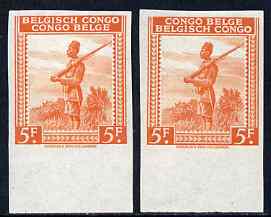 Belgian Congo 1942 Askari Sentry 4f orange two imperf marginal singles with bi-lingual inscription reversed, mounted mint, stamps on 