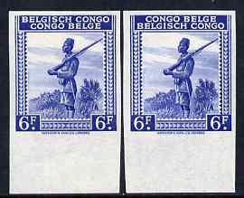 Belgian Congo 1942 Askari Sentry 6f blue two imperf marginal singles with bi-lingual inscription reversed, mounted mint, stamps on 