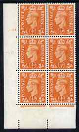 Great Britain 1950-52 KG6 1/2d pale orange corner block of 6 with cyl 154 dot unmounted mint cat \A315, stamps on , stamps on  kg6 , stamps on 