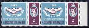 St Kitts-Nevis 1965 Int Co-operation Year 2c unmounted mint pair, one stamp with 'Broken Leaves' variety, stamps on communications, stamps on  icy , stamps on 
