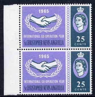 St Kitts-Nevis 1965 Int Co-operation Year 25c unmounted mint pair, one stamp with 'Broken Y in Year' variety, stamps on communications, stamps on  icy , stamps on 