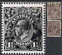 Australia 1918-23 KG5 1.5d black-brown two used singles (single & multiple wmks) each showing white flaw on frame between ST of Postage (position 34 left pane electro II)..., stamps on , stamps on  kg5 , stamps on 