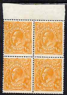 Australia 1918-23 KG5 1/2d orange fine mint marginal block of 4 (stamps unmounted) SG56, stamps on , stamps on  kg5 , stamps on 