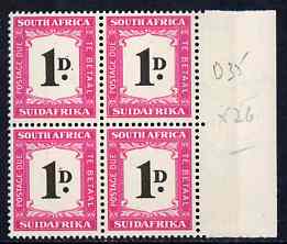 South Africa 1948-49 Postage Due 1d marginal block of 4 unmounted mint, SG D35, stamps on 