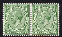 Great Britain 1912-24 KG5 Royal Cypher 1/2d horiz pair with G missing from watermark on one stamp, mounted mint with small rust mark, SG N14zb, stamps on 