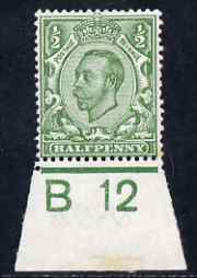 Great Britain 1911-12 KG5 Downey Head 1/2d pale green shade mtd mint marginal with B12 control, tone spot on one perf, SG N5(2), stamps on 