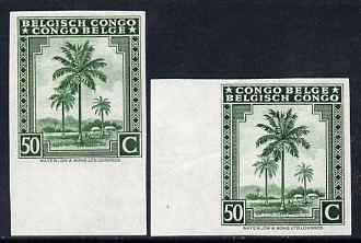 Belgian Congo 1942 Oil Palms 50c green two imperf marginal singles with bi-lingual inscription reversed, mounted mint, stamps on trees