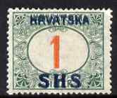 Yugoslavia - Croatia 1918 Postage Due 1f with Hrvatska SHS opt mounted mint SG D85, stamps on 