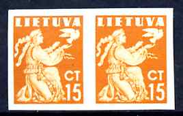 Lithuania 1940 Liberty Issue 15c orange in superb unmounted mint imperf pair, as SG 441, stamps on 