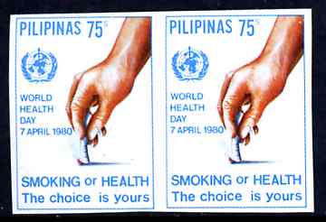 Philippines 1980 World Health Day 75s Anti-Smoking imperf pair unmounted mint as SG 1586, stamps on smoking, stamps on medical, stamps on tobacco