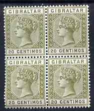 Gibraltar 1889-96 Spanish Currency 20c olive-green & brown block of 4 unmounted mint SG 24 cat Â£108 as mounted singles, stamps on , stamps on  qv , stamps on 