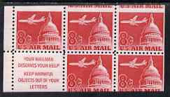Booklet - United States 1962 Douglas DC-8 booklet pane of 5 plus label, miscut showing portions of 7 stamps, 2 stamps lightly mounted, as SG A1210a, stamps on aviation, stamps on douglas, stamps on  dc-8 , stamps on 