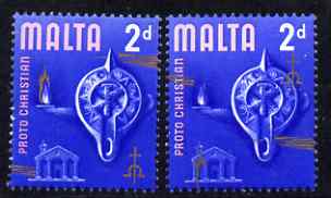 Malta 1965-70 Historical def 2d with gold shifted downwards by 14 mm plus normal unmounted mint, SG 333a, stamps on flowers