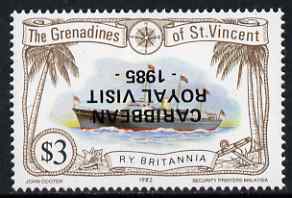 St Vincent - Grenadines 1985 Caribbean Royal Visit on $3.00 Royal Yacht Britannia with overprint inverted, unmounted mint as SG 426, stamps on royalty, stamps on royal visits, stamps on ships, stamps on scots, stamps on scotland