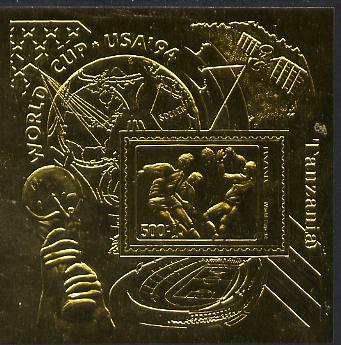 Tanzania 1994 Football World Cup m/sheet embossed in gold foil unmounted mint, as SG MS 1899, Mi BL 249, stamps on football