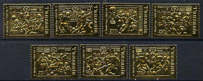 Tanzania 1994 Football World Cup set of 7 (horiz) embossed in gold foil unmounted mint, as SG 1892-98, stamps on football