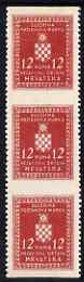 Croatia 1942-43 Official 12k brown-red vertical strip of 3 with horizontal perfs omitted, top stamp mounted mint SG O66var, stamps on 