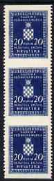 Croatia 1942-43 Official 20k dark blue vertical strip of 3 with horizontal perfs omitted, top stamp mounted mint SG O68var, stamps on 
