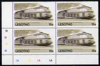 Lesotho 1984 Railways of the World 15s German Class 05 Streamlined loco with superb shift of red and blue, corner plate block of 4 showing colours & check dots misplaced,..., stamps on railways