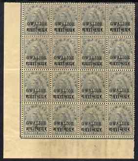Indian States - Gwalior 1899 QV 3p grey block of 16 incl TALL 2 variety on R20/2, overall toning but unmounted mint and a scarce positional block, SG 39/e cat 65, stamps on , stamps on  qv , stamps on 