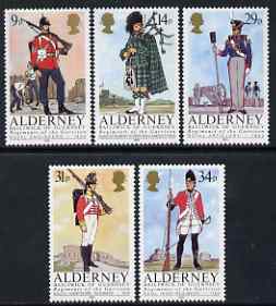Guernsey - Alderney 1985 Regiments of the Garrison perf set of 5 unmounted mint SG A23-27, stamps on militaria, stamps on uniforms, stamps on bagpipes, stamps on scots, stamps on scotland