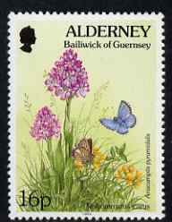 Guernsey - Alderney 1994-98 Flora & Fauna Defs 16p Common Blue (butterfly) & Orchid unmounted mint SG A70, stamps on flowers, stamps on butterflies, stamps on orchids