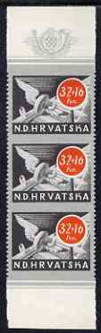 Croatia 1944 Postal & Railway Employees Relief Fund 32k + 16k Winged Wheel vert strip of 3 with horiz perfs omitted, fine mounted mint SG 126var, stamps on posthorn