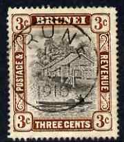 Brunei 1907-10 River Scene 3c grey-black & chocolate very fine cds used SG 25, stamps on 