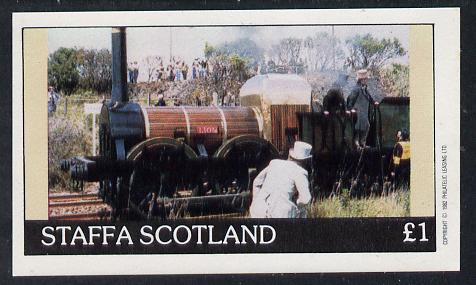 Staffa 1982 Early Steam Locos imperf souvenir sheet (Â£1 value) unmounted mint, stamps on railways