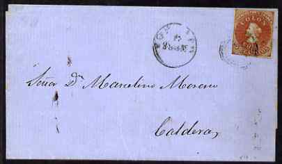 Chile 1861 (?) wrapper used to Caldera, date smudged, stamps on 