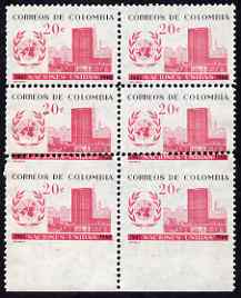 Colombia 1960 UN Day 20c marginal block of 6 with major perf variety, 2 stamps with perfs passing through inscription, and two imperf between stamp & margin, unmounted mi..., stamps on united nations