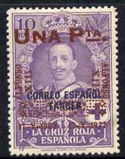 Spain 1927 25th Anniversary of Coronation surcharged 1p on 10p violet (Spanish POs in Tangier) mounted mint, small gum thin from hinge removal, SG460, stamps on , stamps on red cross, stamps on 