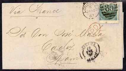 Great Britain 1867 QV 1s pl.4 on entire to Cadiz, SG101, stamps on 