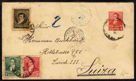Argentine Republic 1896 registered 5c p/stat env to Switzerland with additional adhesives, stamps on 