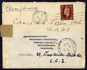 Palestine 1938 re-used cover to UK (redirected) from FPO in Jerusalem, stamps on 