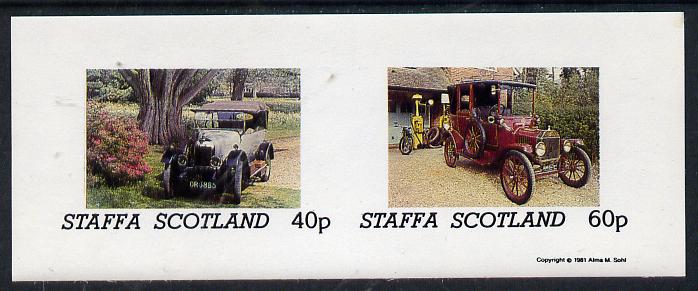 Staffa 1981 Vintage Cars #1 imperf  set of 2 values (Motorbike & Petrol pump in background) unmounted mint, stamps on cars, stamps on motorbikes, stamps on  oil , stamps on 