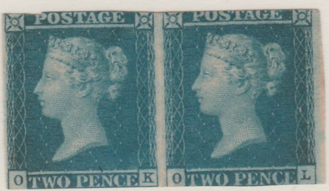 Great Britain 1841 QV 2d blue horiz pair OK-OL slightly cut top & bottom margins but fresh and good looking showing fine Ivory Head on reverse, SG14 cat \A38,500 as  sing..., stamps on , stamps on  qv , stamps on 