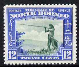 North Borneo 1939 Murut with Blowpipe 12c (from def set) lightly mounted mint, SG 310, stamps on cultures, stamps on hunting
