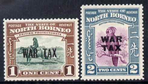 North Borneo 1941 War Tax overprint set of 2 lightly mounted mint, SG 318-19, stamps on animals, stamps on buffaloes, stamps on bovine, stamps on birds, stamps on parrots