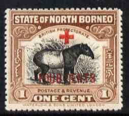 North Borneo 1918 Malayan Tapir 1c + 4c (Red Cross Fund) mounted mint, SG 235, stamps on animals, stamps on tapirs, stamps on red cross
