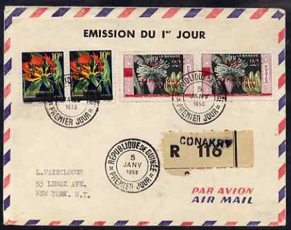 Guinea - Conakry reg airmail cover to New York bearing set of 2 Republic overprints in pairs with first day cancels, stamps on tourism