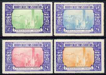 Cinderella - United States 1934 New York Hobby Collectos Exhibition set of 4 perf labels mounted mint, stamps on cinderella, stamps on stamp exhibitions, stamps on aviation